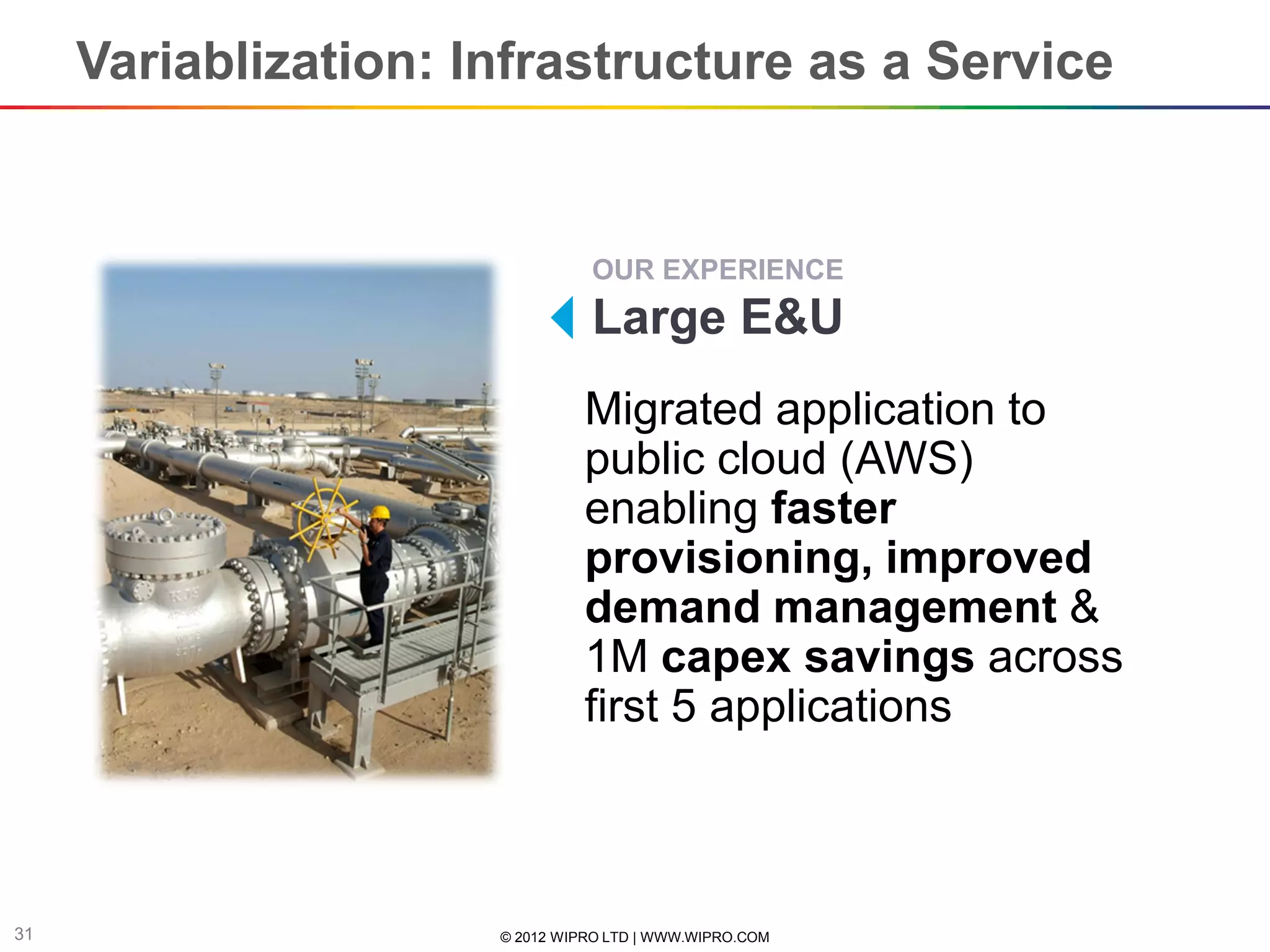 Variablization: Infrastructure as a Service


                                OUR EXPERIENCE
                                Large E&U
                                Migrated application to
                                public cloud (AWS)
                                enabling faster
                                provisioning, improved
                                demand management &
                                1M capex savings across
                                first 5 applications



31                    © 2012 WIPRO LTD | WWW.WIPRO.COM
 