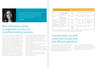 The landscape for banking products and services is expected to undergo
a major overhaul in the future as various factors such as increased
competition, financial inclusion, growth in high net worth individuals
(HNIs) transform the entire spectrum of banking products and services.
While technology is expected to help banks lower transaction costs,
innovation in products and services which can be integrated with
technology will be the focus of banks in the future. Banks will have to
face the challenge of building viable customer-centric models keeping in
mind the diversity in customer demography in the country.
As banks pursue cost-effective models for providing banking services,
the role of branches as touch points to provide basic banking services to
the customer will diminish. Increased focus towards electronic payment
systems and non-cash payments (debit cards, credit cards) will render
transactions through branches irrelevant in the future. Banks will have to
reinvent the branch format in the future to make branches part of their
viable business model. This can be achieved by containing cost of
operating a branch as well as increased revenue generating capabilities
through a branch. Cost control can be achieved in a variety of ways
including shrinking the physical size of branches to cut real estate costs;
thereby reducing infrastructure costs, capital and running expenses;
more automation and integration by enabling self-service or assisted
self-service; and having fewer tellers to save on people costs. Higher
revenue generations can be achieved by cross-selling financial products
and integrating business intelligence with branch-level and customer
relationship management (CRM) solutions. Several global banks have
tested reinventing the branch format, some of which are stated below.
• The Spanish banking group Banco Bilbao Vizcaya Argentaria has
launched a “more humanized” full self-service branch based on
next-generation, advanced teller machines to replace the conventional
“Cold ATM” functionality.
• The Dutch ABN Amro Bank has experimented with a “teleportal”
branch that is an unstaffed videoconferencing facility.
• Germany’s Deutsche Bank innovated way back in 2005 with its Q110
branch in Berlin, which contains lounge and self-service areas, along with
tangible product displays that allow customers to pick up a package and
pay for it at a counter.
• Others include Citibank’s “Branch of the Future” in Hong Kong,
Singapore and New York City, and BNP Paribas’s “Opera Concept
Store,” a boutique branch in Paris.
“Based on the comfort of the customer,brick and mortar branches
are expected to continue to play a relevant role in providing
banking access to the inclusive group. The role and size of the
branches might change in the coming years but the growth in
physical branches is expected to continue”
Sonu Bhasin
Role of branches will be
re-engineered as focus on
branchless banking increases
Transformation towards
customised services and
cost effective operations
Sales
Advisory
Servicing:
Transaction-Based
Servicing:
Information-Based
Servicing Resolutions
Low-Complex Originations
High-Complex Originations
New Customers
Advice
Financial Planning
Portfolio Management
Customer Servicing
(Products & Accounts)
Product and Services
Information
Complaints Exceptions
Branch
Internet
Branch
Internet
Branch
Internet
Branch
Branch Call
Center
Low Tech - High Value
Low Tech - High Value
High Tech - Low Value
Low Tech - Low Value
Low Tech - Low Value
Assisted Self -service
Assisted
Self-service
Assisted self-service
Self -service
Assisted
Source: Sriram Srinivasan, senior vice president and global head of banking and financial services business, Wipro Technologies.
Service Delivery Model:The WiproView
25 26
0
th
d
 