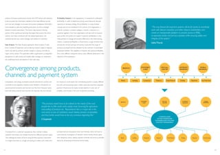 analysis of product performance, branch and ATM activity and utilisation.
It also provides the information needed to formulate effective up-sell
and cross-sell strategies. It provides the business intelligence information
most needed by sales and marketing executives, as well as strategic
planners in banks everywhere. The atomic data stored in this key
portion of the warehouse becomes the engine that powers the entire
solution and, when combined with the related applications, will
revolutionize the way a bank manages and satisfies its customers.
Sales Analysis: The Sales Analysis application allows analysis of sales
from a variety of viewpoints such as sales by channel, outlet or organisa-
tional unit; sales by product, product category or group; and sales by
region and by season. This application offers organisations an integrated
perspective on sales results and enables sales managers to understand
the underlying trends and patterns in their sales data.
Profitability Analysis: In any organisation, it is essential to understand
profitability in order to determine pricing, award discounts, allocate
resources or develop strategy. But profitability is a many-faceted
concept and can be considered in the context of an organisation, a
channel, a product, a product category, a brand, a customer or a
customer segment. And most organisations will also wish to measure
gross profits, net profits and margins. Customer profitability is a key
measurement to manage the business effectively in the retail banking
industry. Customer profitability is influenced by a range of factors that
includes the volume and type of business conducted, the range of
products purchased and the utilisation by the customer of automated
transaction facilities. The capability to measure and analyze profitability
from many different viewpoints and by many different dimensions is the
objective of this application.
Competition, technology, increased customer demand for comfort and
convenience and regulatory initiatives have resulted in introduction of
several payment products and channels over the time. However, banks
have built these products and channels into separate silos and verticals.
For instance, in some banks the Core Banking System is usually different
from the card processing system. Other issues that arise from disparate
payment infrastructure for banks include duplicity in work, lack of
scalability, and increase in the cost of payment processing.
Convergence among products,
channels and payment system
“The products would have to be tailored to the needs of the rural
people like no frills credit cards,supply chain financing for agriculture,
cross-selling of products etc. Reputational risk is a major risk in the
rural areas as loss of confidence would destroy product acceptability
and thus banks would have to be very conscious regarding this.”
S Gopinath
If analysed from a customer’s perspective, they maintain multiple
payment instruments and multiple channels for different payment needs.
The challenge for banks will be to bring all these payment instruments
in a single instrument i.e. a single card acting as a debit card, credit card,
pre-paid card and all purpose smart card. Similarly, banks will have to
work towards convergence of channels- where mobile phones, given
their ubiquitous nature, replace payment channels and serve as portable
device for all banking and financial service needs.
“The way forward for payment systems will be for banks to seamlessly
work with telecom providers and other relevant stakeholders and
create an interoperable platform to provide access to RRBs,
co-operative banks and primary societies while ensuring safety and
integrity of the system.”
UshaThorat
BRANCH
Retail Lending Corporate Treasury Trade Finance Trading Payments Card Services
Retail Lending Corporate Trading Payments Card ServicesTreasury Trade Finance
BRANCH MOBILE
BANKING
IVR/CALL
CENTER
COMMON LAYER
OF DATA WAREHOUSE,
CUSTOMER ANALYTICS AND
CONTENT MANAGEMENT
ATM/DEBIT
CARD
INTERNET
BANKING
BRANCH MOBILE
BANKING
IVR/CALL
CENTER
ATM/DEBIT
CARD
INTERNET
BANKING
31 32
e
t
e
e
 