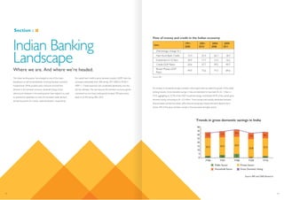 Flow of money and credit in the Indian economy
Item
1991-
2000
2001-
2010
2004-
2008
2009-
2011
(Percentage change % )
Non-food Bank Credit 15.4 22.4 26.7 18.7
Investment in G-Secs 20.9 17.7 13.3 16.2
Credit-GDP Ratio 20.6 37.7 39.5 49.7
Broad Money-GDP
Ratio
49.9 73.6 74.3 84.6
Source: RBI
Trends in gross domestic savings in India
Source: RBI and D&B Research
Section :
Where we are. And where we’re headed.
Indian Banking
Landscape
The Indian banking sector has emerged as one of the major
benefactors as well as beneficiaries of strong domestic economic
fundamentals. While prudent policy measures ensured that
demand in the domestic economy remained strong, critical
reforms and initiatives in the banking sector have helped it to scale
its operational capabilities to meet the increased credit demand
during this period. As a result, credit penetration, measured by
the overall bank credit to gross domestic product (GDP) ratio has
increased substantially from 20% during 1991-2000 to 49.7% in
2009-11. Credit expansion also accelerated significantly over the
last two decades. This was because the domestic economy gained
momentum as non-food credit growth jumped 700 basis points
(bps) to 22.4% during 2001-2010.
An increase in household savings is another critical aspect that has aided the growth of the Indian
banking industry. Gross domestic savings in India are estimated to have been Rs 22.1 trillion in
FY10, aggregating to 33.7% of the GDP; household savings contributed 69.5% of the overall gross
domestic saving, amounting to Rs 15.3 trillion. These savings were equally distributed between
financial assets and physical assets, while financial saving data indicate that bank deposits form
almost 42% of the gross domestic savings in financial assets duringthe period.
01 02
 