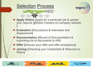 Selection Process
 Apply Online (Apply for a particular job & upload
your resume @Wipro Careers on company website
)
 Evaluation (Discussions & Interviews and
Assessment)
 Documentation (Round of Documentation &
submitting list of documents to HR)
 Offer (Discuss your offer and offer acceptance)
 Joining (Checking your Credentials & Welcome to
Wipro)
 