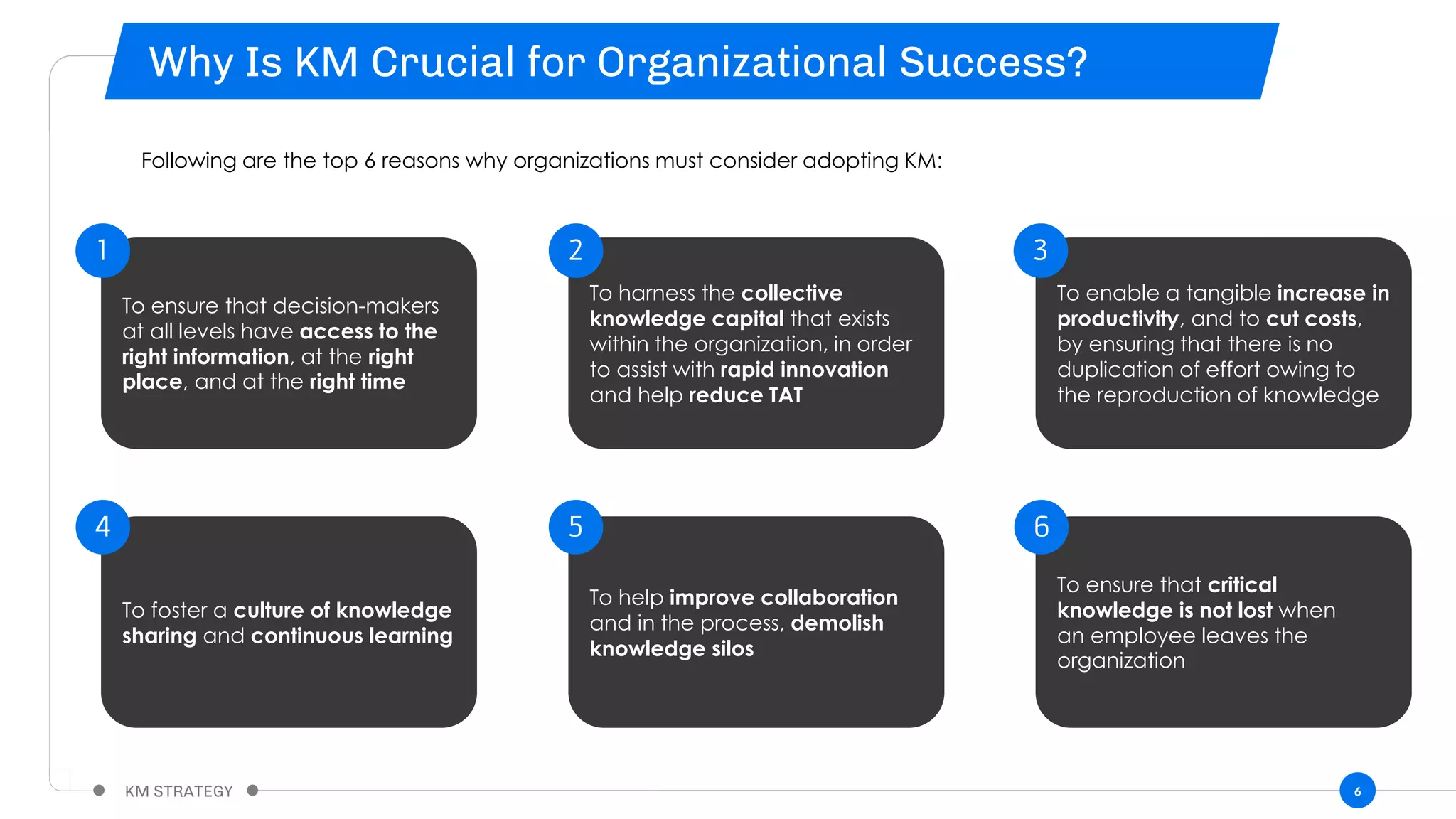 6
Following are the top 6 reasons why organizations must consider adopting KM:
To ensure that decision-makers
at all levels have access to the
right information, at the right
place, and at the right time
To harness the collective
knowledge capital that exists
within the organization, in order
to assist with rapid innovation
and help reduce TAT
To enable a tangible increase in
productivity, and to cut costs,
by ensuring that there is no
duplication of effort owing to
the reproduction of knowledge
To foster a culture of knowledge
sharing and continuous learning
To help improve collaboration
and in the process, demolish
knowledge silos
To ensure that critical
knowledge is not lost when
an employee leaves the
organization
1 2 3
4 5 6
 