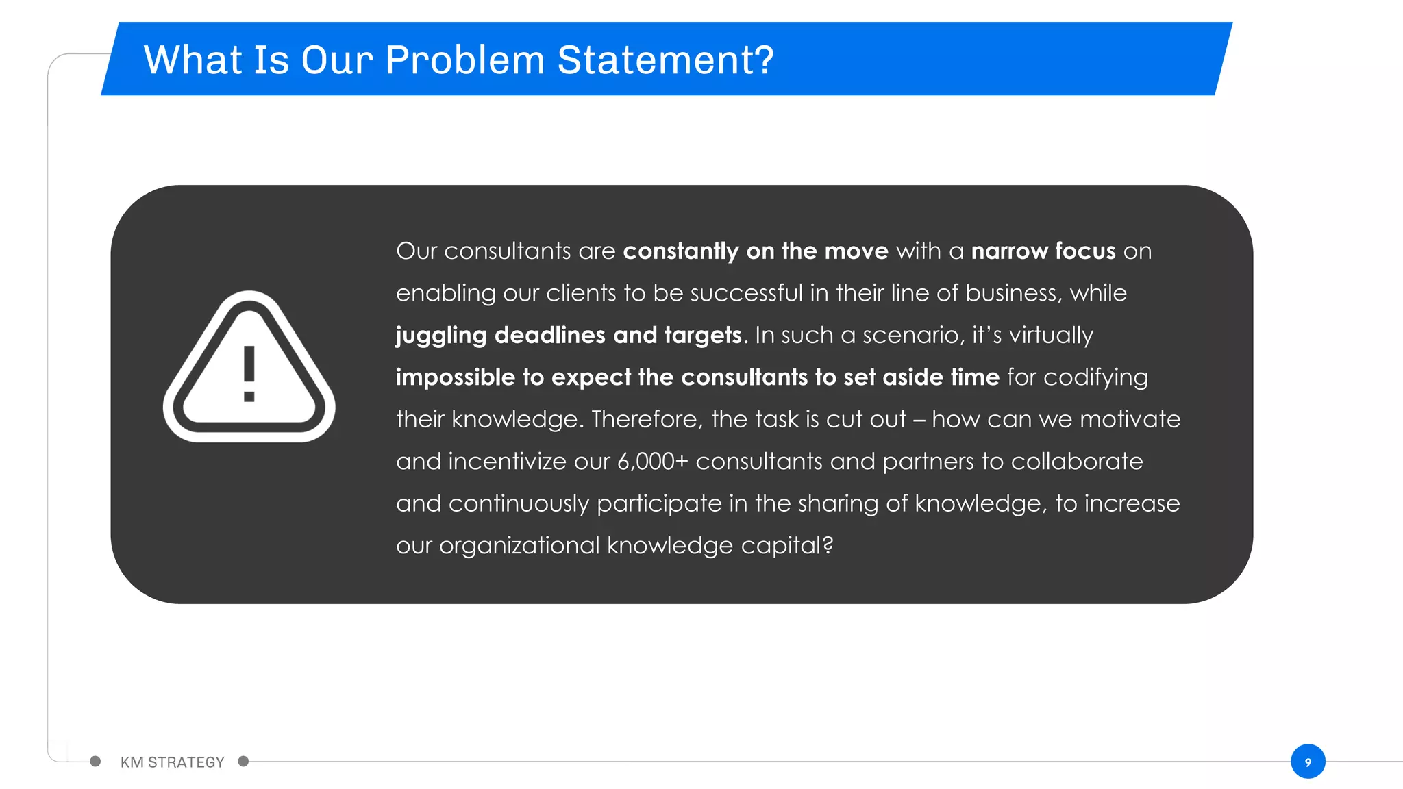 9
Our consultants are constantly on the move with a narrow focus on
enabling our clients to be successful in their line of business, while
juggling deadlines and targets. In such a scenario, it’s virtually
impossible to expect the consultants to set aside time for codifying
their knowledge. Therefore, the task is cut out – how can we motivate
and incentivize our 6,000+ consultants and partners to collaborate
and continuously participate in the sharing of knowledge, to increase
our organizational knowledge capital?
 
