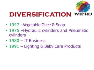 • 1947 - Vegetable Ghee & Soap
• 1975 –Hydraulic cylinders and Pneumatic
cylinders
• 1980 – IT Business
• 1991 – Lighting & Baby Care Products
 