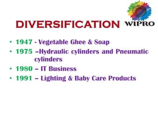 • 1947 - Vegetable Ghee & Soap
• 1975 –Hydraulic cylinders and Pneumatic
cylinders
• 1980 – IT Business
• 1991 – Lighting & Baby Care Products
 