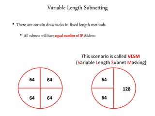 Variable Length Subnetting
• There are certain drawbacks in fixed length methods
• All subnets will have equal number of IP Address
64 64
6464
64
64
128
This scenario is called VLSM
(Variable Length Subnet Masking)
 