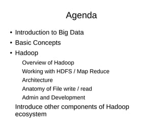 Agenda
●

Introduction to Big Data

●

Basic Concepts

●

Hadoop
Overview of Hadoop
Working with HDFS / Map Reduce
Archite...