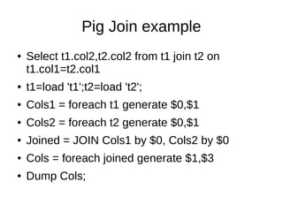 Pig Join example
●

Select t1.col2,t2.col2 from t1 join t2 on
t1.col1=t2.col1

●

t1=load 't1';t2=load 't2';

●

Cols1 = f...