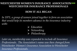 WESTCHESTER WOMEN‘S INSURANCE  ASSOCIATION WESTCHESTER INSURANCE PROFESSIONALS HOW IT ALL BEGAN In 1971, a group of women joined together to form an association that would help its members advance in the insurance industry with:	 ,[object Object]