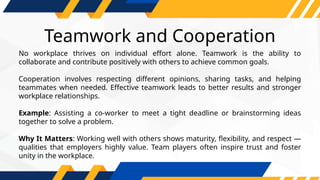 Teamwork and Cooperation
No workplace thrives on individual effort alone. Teamwork is the ability to
collaborate and contribute positively with others to achieve common goals.
Cooperation involves respecting different opinions, sharing tasks, and helping
teammates when needed. Effective teamwork leads to better results and stronger
workplace relationships.
Example: Assisting a co-worker to meet a tight deadline or brainstorming ideas
together to solve a problem.
Why It Matters: Working well with others shows maturity, flexibility, and respect —
qualities that employers highly value. Team players often inspire trust and foster
unity in the workplace.
 