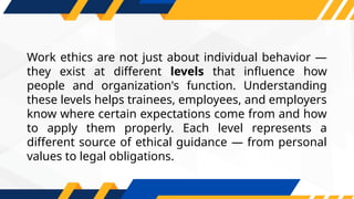 Work ethics are not just about individual behavior —
they exist at different levels that influence how
people and organization's function. Understanding
these levels helps trainees, employees, and employers
know where certain expectations come from and how
to apply them properly. Each level represents a
different source of ethical guidance — from personal
values to legal obligations.
 