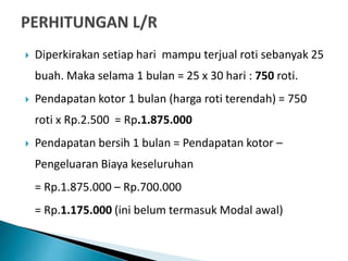  Diperkirakan setiap hari mampu terjual roti sebanyak 25
buah. Maka selama 1 bulan = 25 x 30 hari : 750 roti.
 Pendapatan kotor 1 bulan (harga roti terendah) = 750
roti x Rp.2.500 = Rp.1.875.000
 Pendapatan bersih 1 bulan = Pendapatan kotor –
Pengeluaran Biaya keseluruhan
= Rp.1.875.000 – Rp.700.000
= Rp.1.175.000 (ini belum termasuk Modal awal)
 