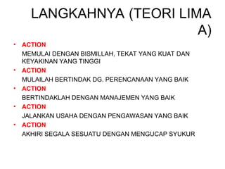 LANGKAHNYA (TEORI LIMA
A)
• ACTION
MEMULAI DENGAN BISMILLAH, TEKAT YANG KUAT DAN
KEYAKINAN YANG TINGGI
• ACTION
MULAILAH BERTINDAK DG. PERENCANAAN YANG BAIK
• ACTION
BERTINDAKLAH DENGAN MANAJEMEN YANG BAIK
• ACTION
JALANKAN USAHA DENGAN PENGAWASAN YANG BAIK
• ACTION
AKHIRI SEGALA SESUATU DENGAN MENGUCAP SYUKUR
 