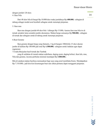 Dasar-dasar Bisnis

dengan jumlah 120 ekor.
4. Ikan Nila                                                                                    14

      Dari 40 ekor bila di hargai Rp 10.000/ekor maka jumlahnya Rp 400.000,- sebagian di
tabung sebagai modal awal kembali sebagian untuk menutupi pinjaman.

5. Ikan mas

       Ikan mas dengan jumlah 60 ekor bila 1 dihargai Rp 15.000,- karena ikan mas bila trs di
ternak semakin lama semakin jumbo ukurannya. Makan harga semuanya Rp 900.000,- sebagian
di ternak dan sebagian untuk di tabung untuk menutupi pinjaman.

6.Ikan Gurame

      Ikan gurame dengan harga yang fantastis, 1 kg di hargain 100rb,bila 15 ekor ukuran
jumbo di kalikan Rp 100.000 jadi total Rp 1.500.000,- sebagian untuk indukan agar dapat
regenerasi.
7.Usaha Berjualan hasil ternak dan Tambak
      yang di sediakan di rumah makan sederhana, daging ayam, daging kelinci, ikan lele, mas,
Nila dan gurame, income perbulan minimal mendapat Rp 3.000.000,-

Bila di satukan makan hasilnya memuaskan bagi saya yang awal membuka bisnis. Mendapatkan
Rp 7.310.000,- jadi kira kira keuntungan buat satu tahun pertama dapat mengganti pinjaman.




                                                                                                 February 1, 2012
 