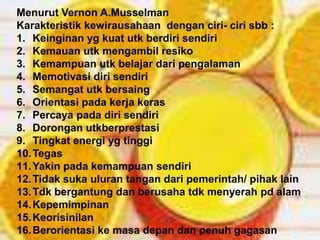 Menurut Vernon A.Musselman
Karakteristik kewirausahaan dengan ciri- ciri sbb :
1. Keinginan yg kuat utk berdiri sendiri
2. Kemauan utk mengambil resiko
3. Kemampuan utk belajar dari pengalaman
4. Memotivasi diri sendiri
5. Semangat utk bersaing
6. Orientasi pada kerja keras
7. Percaya pada diri sendiri
8. Dorongan utkberprestasi
9. Tingkat energi yg tinggi
10.Tegas
11.Yakin pada kemampuan sendiri
12.Tidak suka uluran tangan dari pemerintah/ pihak lain
13.Tdk bergantung dan berusaha tdk menyerah pd alam
14.Kepemimpinan
15.Keorisinilan
16.Berorientasi ke masa depan dan penuh gagasan
 
