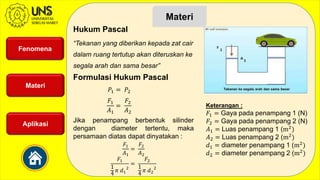 Fenomena
Materi
Aplikasi
Materi
Hukum Pascal
“Tekanan yang diberikan kepada zat cair
dalam ruang tertutup akan diteruskan ke
segala arah dan sama besar”
Formulasi Hukum Pascal
Keterangan :
𝐹1 = Gaya pada penampang 1 (N)
𝐹2 = Gaya pada penampang 2 (N)
𝐴1 = Luas penampang 1 (m2
)
𝐴2 = Luas penampang 2 (m2
)
𝑑1 = diameter penampang 1 (m2
)
𝑑2 = diameter penampang 2 (m2
)
Jika penampang berbentuk silinder
dengan diameter tertentu, maka
persamaan diatas dapat dinyatakan :
𝑃1 = 𝑃2
𝐹1
𝐴1
=
𝐹2
𝐴2
𝐹1
𝐴1
=
𝐹2
𝐴2
𝐹1
1
4
𝜋 𝑑1
2
=
𝐹2
1
4
𝜋 𝑑2
2
 