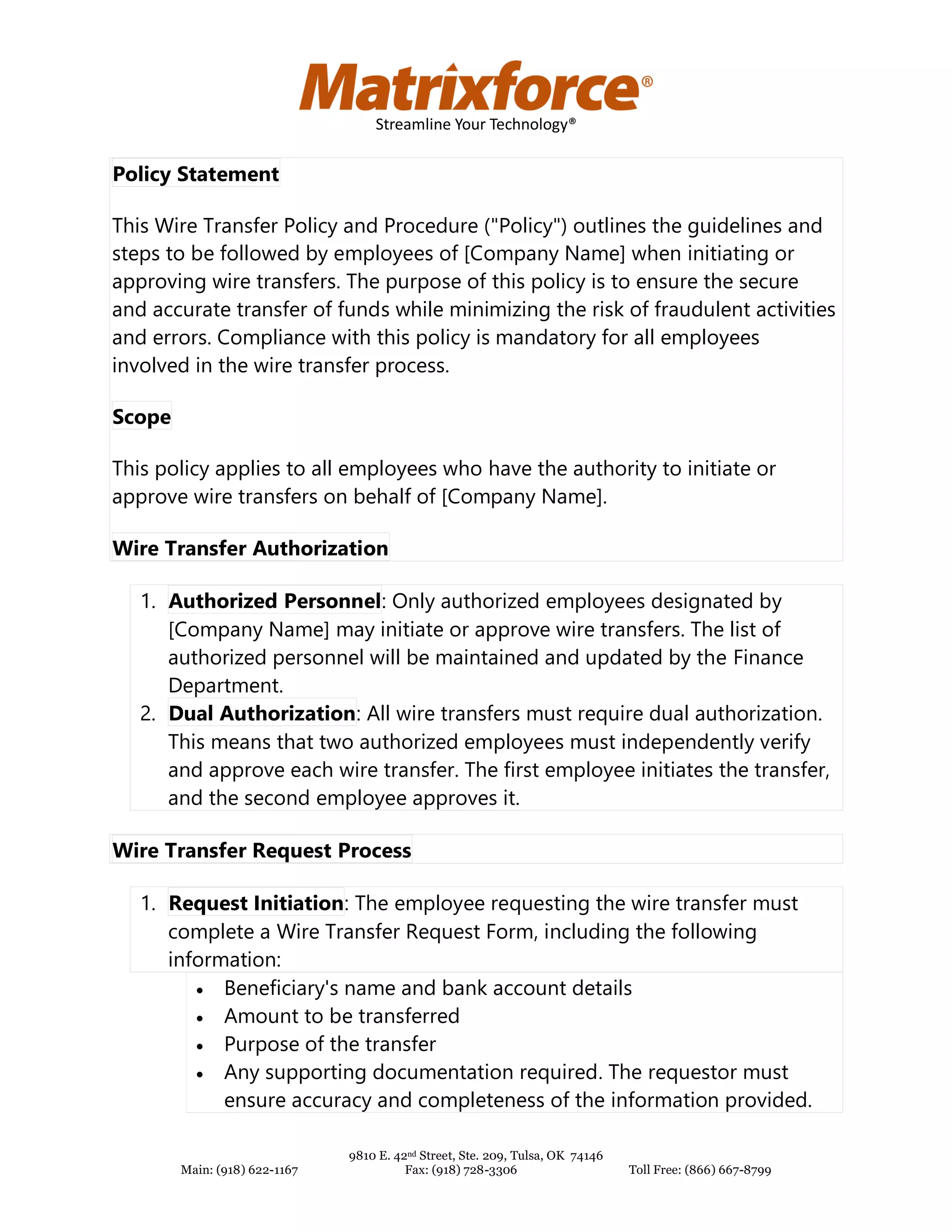 Wire Transfer Policy & Procedure | PDF