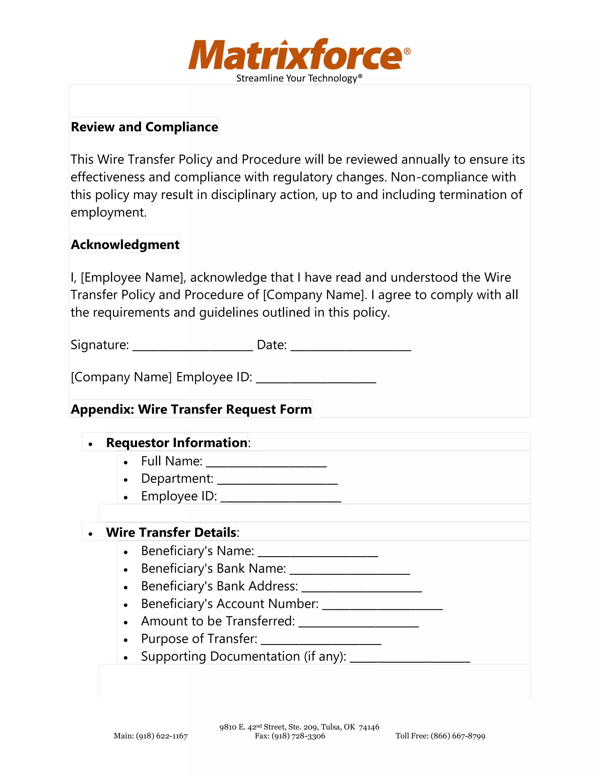 Wire Transfer Policy & Procedure | PDF
