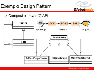 Exemplo Design Pattern
 > Composite: Java I/O API

                             OOS    BOS          FOS

                  Java App         Stream                     Arquivo




                                            Globalcode – Open4Education
 