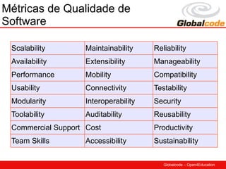Métricas de Qualidade de
Software

 Scalability        Maintainability    Reliability
 Availability       Extensibility      Manageability
 Performance        Mobility           Compatibility
 Usability          Connectivity       Testability
 Modularity         Interoperability   Security
 Toolability        Auditability       Reusability
 Commercial Support Cost               Productivity
 Team Skills        Accessibility      Sustainability


                                          Globalcode – Open4Education
 