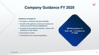 Company Guidance FY 2020
© Wirecard 2019
Guidance is based on
 Increase in cashless payments globally
 Growth of the global e-commerce market and
continuing trend towards digitalisation
 Increase of processed transaction volume with
existing and new clients
 Economies of scale
 Contribution from recent acquisitions
EBITDA guidance of
EUR 1.00 - 1.12 billion for
FY 2020
19
 