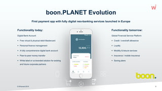 First payment app with fully digital neo-banking services launched in Europe
boon.PLANET Evolution
9
Pag
e 9
Functionality today:
Digital Bank Account
 Free virtual & physical debit Mastercard
 Personal finance management
 A fully comprehensive digital bank account
 Peer-to-peer money transfer
 White label or co-branded solution for existing
and future corporate partners
Functionality tomorrow:
Global Financial Service Platform
 Credit / overdraft allowance
 Loyalty
 Mobility & leisure services
 Insurance / mobile insurance
 Saving plans
© Wirecard 2019
 