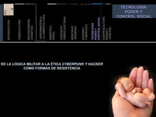 APROXIMACIÓN A  LA CIBERCULTURA SEMIÓTICA DIGIAL IDENTIDAD MODERNA RECONVERSIÓN COGNITIVA TECNOLOGIA  PODER Y  CONTROL SOCIAL INTERNET  Y MER CADO CONTEXTO  CIBERCULKTURAL INTRODUCCIÓN CIBERCULTURA CONTRACULTURA PODER Y CONTROL INTRODUCCIÓN TECNOLOGIA  PODER Y  CONTROL SOCIAL DE LA LÓGICA MILITAR A LA ÉTICA  CYBERPUNK Y HACKER COMO FORMAS DE RESISTENCIA 