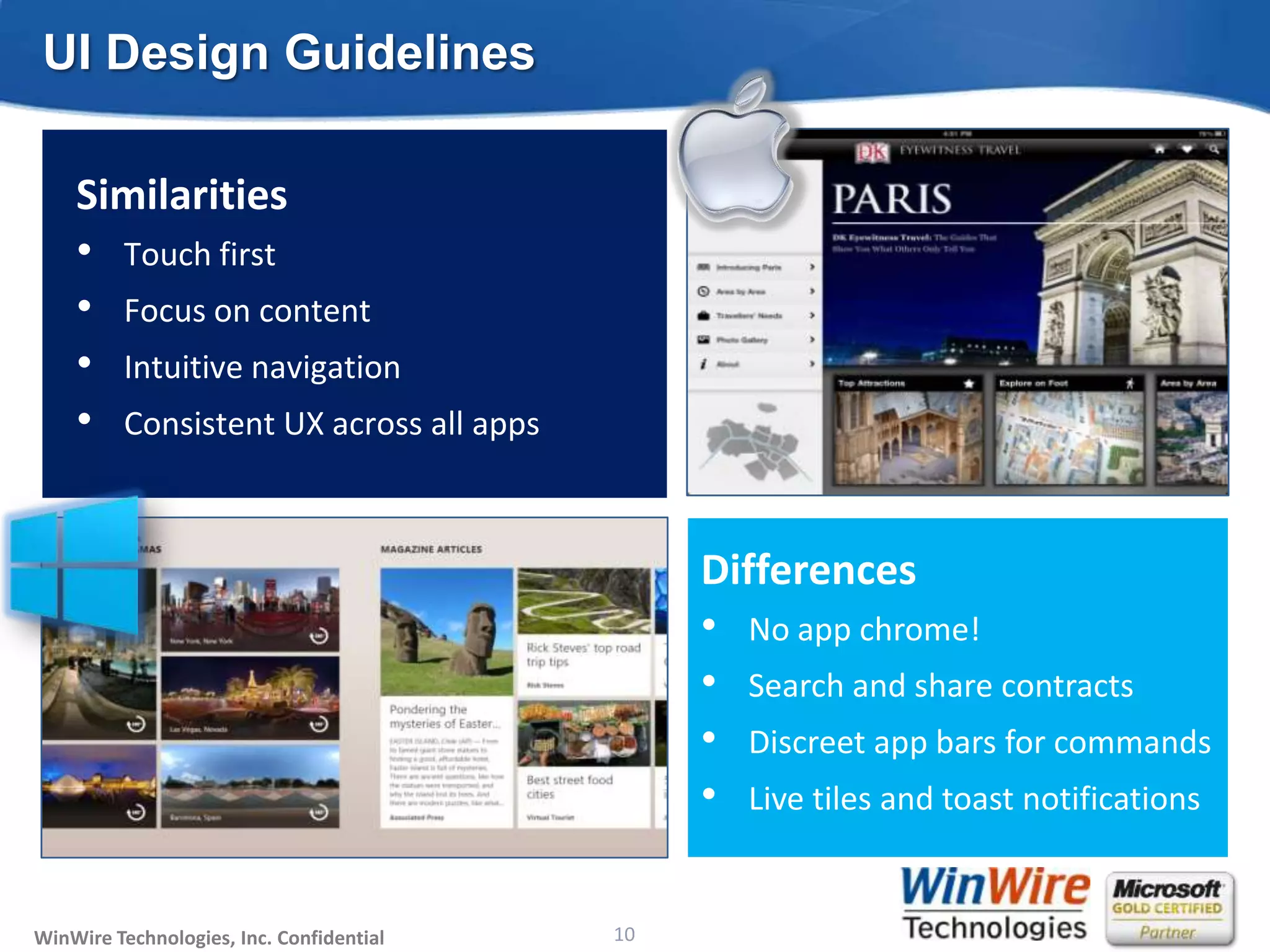 UI Design Guidelines

    Similarities
    • Touch first
    • Focus on content
    • Intuitive navigation
    • Consistent UX across all apps


                                                                        Differences
                                                                        • No app chrome!
                                                                        • Search and share contracts
                                                                        • Discreet app bars for commands
                                                                        • Live tiles and toast notifications

WinWire Technologies, Inc. Confidential                           10
                                          © 2010 WinWire Technologies
 
