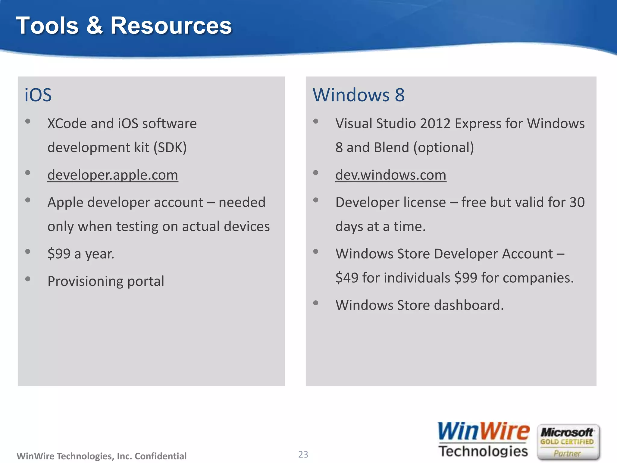 Tools & Resources

 iOS                                                                    Windows 8
 • XCode and iOS software                                               • Visual Studio 2012 Express for Windows
       development kit (SDK)                                                8 and Blend (optional)
 •     developer.apple.com                                              •   dev.windows.com
 •     Apple developer account – needed                                 •   Developer license – free but valid for 30
       only when testing on actual devices                                  days at a time.
 •     $99 a year.                                                      •   Windows Store Developer Account –
 •     Provisioning portal                                                  $49 for individuals $99 for companies.
                                                                        •   Windows Store dashboard.




WinWire Technologies, Inc. Confidential                           23
                                          © 2010 WinWire Technologies
 