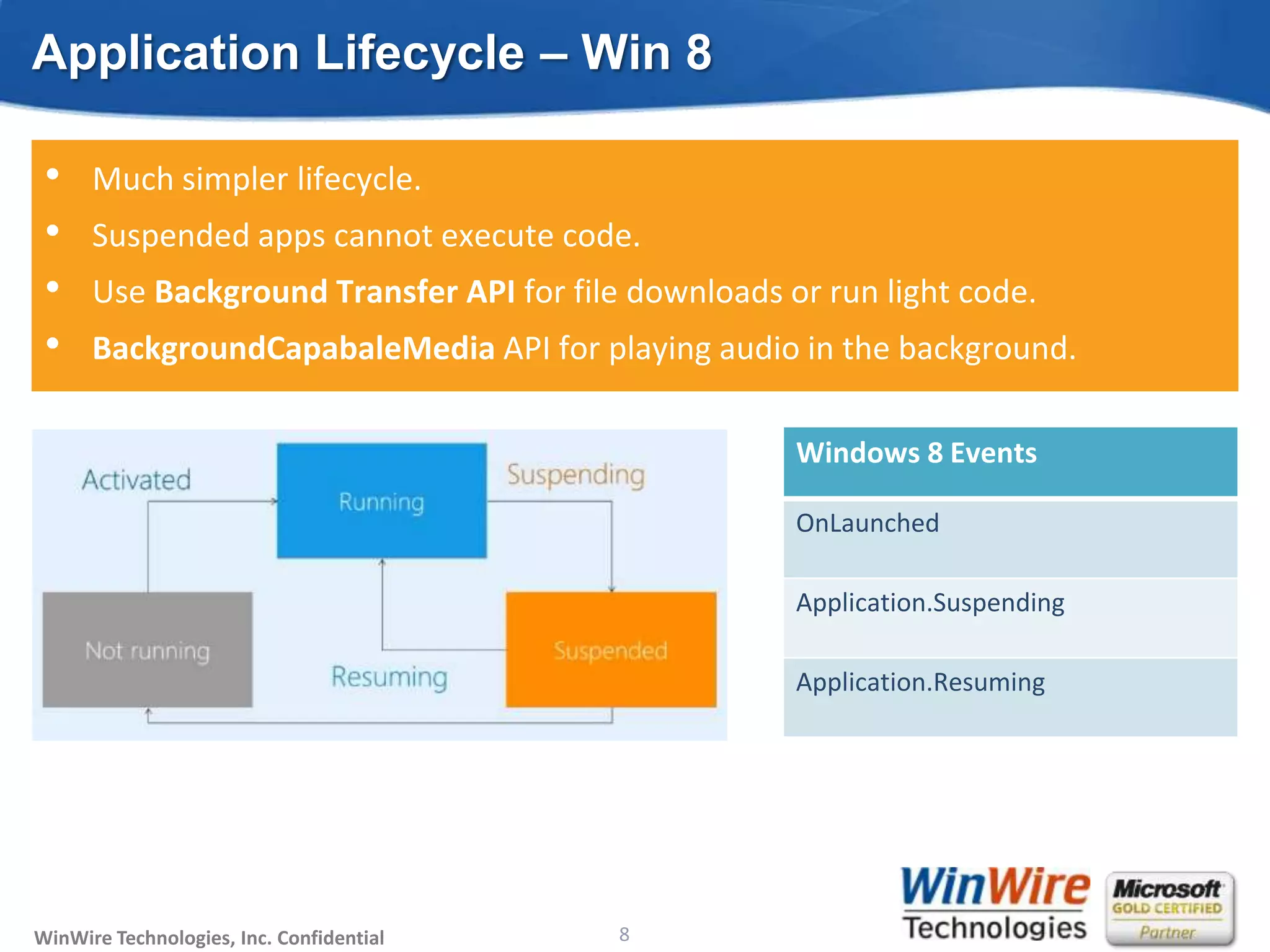 Application Lifecycle – Win 8

 •    Much simpler lifecycle.
 •    Suspended apps cannot execute code.
 •    Use Background Transfer API for file downloads or run light code.
 •    BackgroundCapabaleMedia API for playing audio in the background.

                                                                        Windows 8 Events

                                                                        OnLaunched

                                                                        Application.Suspending

                                                                        Application.Resuming




WinWire Technologies, Inc. Confidential                            8
                                          © 2010 WinWire Technologies
 