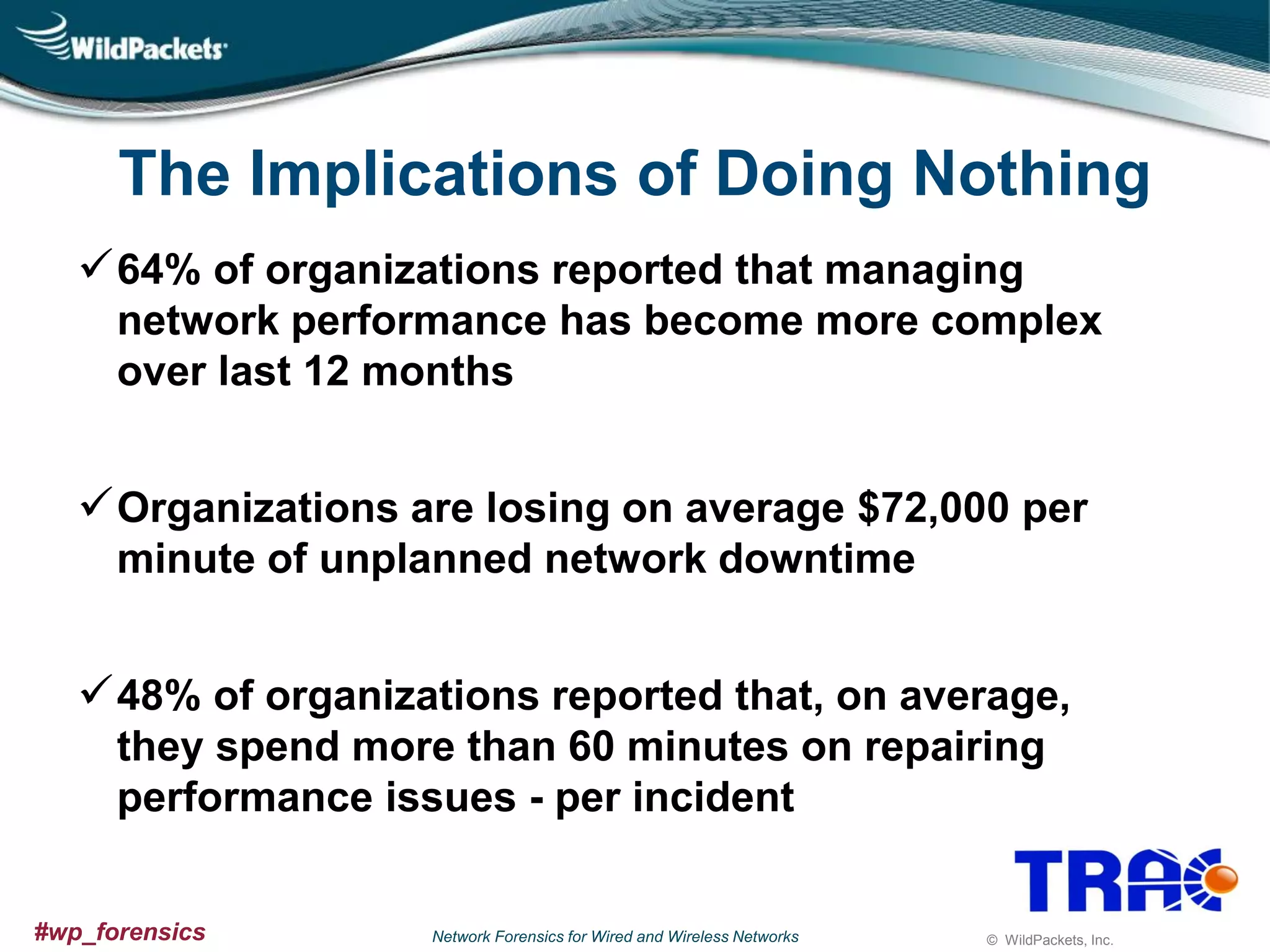 The Implications of Doing Nothing
 64% of organizations reported that managing
network performance has become more complex
over last 12 months

 Organizations are losing on average $72,000 per
minute of unplanned network downtime

 48% of organizations reported that, on average,
they spend more than 60 minutes on repairing
performance issues - per incident
#wp_forensics

Network Forensics for Wired and Wireless Networks

© WildPackets, Inc.

 