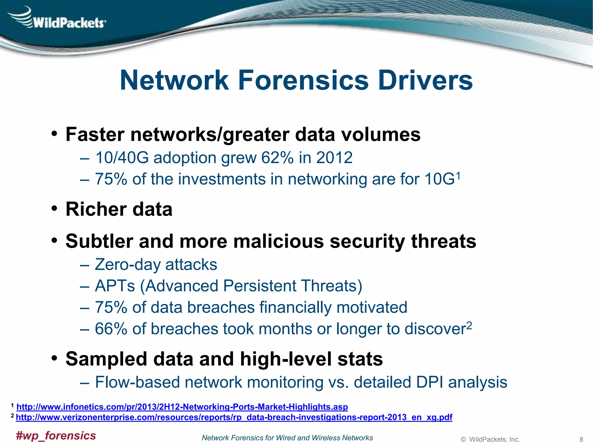Network Forensics Drivers
• Faster networks/greater data volumes
‒ 10/40G adoption grew 62% in 2012
‒ 75% of the investments in networking are for 10G1

• Richer data
• Subtler and more malicious security threats
‒
‒
‒
‒

Zero-day attacks
APTs (Advanced Persistent Threats)
75% of data breaches financially motivated
66% of breaches took months or longer to discover2

• Sampled data and high-level stats
‒ Flow-based network monitoring vs. detailed DPI analysis
1

http://www.infonetics.com/pr/2013/2H12-Networking-Ports-Market-Highlights.asp

2 http://www.verizonenterprise.com/resources/reports/rp_data-breach-investigations-report-2013_en_xg.pdf

#wp_forensics

Network Forensics for Wired and Wireless Networks

© WildPackets, Inc.

8

 