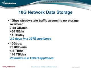 10G Network Data Storage
• 1Gbps steady-state traffic assuming no storage
overhead:
7.68 GB/min
460 GB/hr
11 TB/day
2.9 days in a 32TB appliance

• 10Gbps:
76.8GB/min
4.6 TB/hr
110 TB/day
28 hours in a 128TB appliance
#wp_forensics

Network Forensics for Wired and Wireless Networks

© WildPackets, Inc.

 