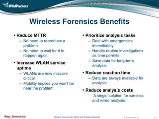 Wireless Forensics Benefits
• Reduce MTTR

• Prioritize analysis tasks

‒ No need to reproduce a
problem
‒ No need to wait for it to
happen again

• Increase WLAN service
uptime
‒ WLANs are now missioncritical
‒ Mobility implies you won’t be
near the problem

‒ Deal with emergencies
immediately
‒ Handle routine investigations
as time permits
‒ Save data for long-term
analysis

• Reduce reaction time
‒ Data are always available for
analysis

• Reduce analysis costs
‒ A single solution for wireless
and wired analysis

#wp_forensics

Network Forensics for Wired and Wireless Networks

© WildPackets, Inc.

29

 