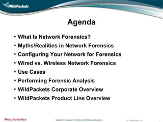 Agenda
•
•
•
•
•
•
•
•

What Is Network Forensics?
Myths/Realities in Network Forensics
Configuring Your Network for Forensics
Wired vs. Wireless Network Forensics
Use Cases

Performing Forensic Analysis
WildPackets Corporate Overview
WildPackets Product Line Overview

#wp_forensics

Network Forensics for Wired and Wireless Networks

© WildPackets, Inc.

3

 