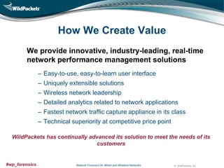 How We Create Value
We provide innovative, industry-leading, real-time
network performance management solutions
‒ Easy-to-use, easy-to-learn user interface
‒ Uniquely extensible solutions
‒ Wireless network leadership
‒ Detailed analytics related to network applications
‒ Fastest network traffic capture appliance in its class
‒ Technical superiority at competitive price point
WildPackets has continually advanced its solution to meet the needs of its
customers

#wp_forensics

Network Forensics for Wired and Wireless Networks

© WildPackets, Inc.

 