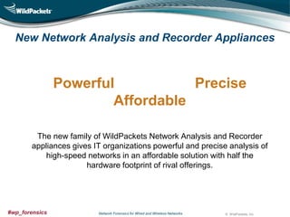 New Network Analysis and Recorder Appliances

Powerful
Precise
Affordable
The new family of WildPackets Network Analysis and Recorder
appliances gives IT organizations powerful and precise analysis of
high-speed networks in an affordable solution with half the
hardware footprint of rival offerings.

#wp_forensics

Network Forensics for Wired and Wireless Networks

© WildPackets, Inc.

 