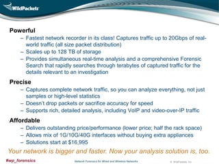 Powerful
‒ Fastest network recorder in its class! Captures traffic up to 20Gbps of realworld traffic (all size packet distribution)
‒ Scales up to 128 TB of storage
‒ Provides simultaneous real-time analysis and a comprehensive Forensic
Search that rapidly searches through terabytes of captured traffic for the
details relevant to an investigation

Precise
‒ Captures complete network traffic, so you can analyze everything, not just
samples or high-level statistics
‒ Doesn’t drop packets or sacrifice accuracy for speed
‒ Supports rich, detailed analysis, including VoIP and video-over-IP traffic

Affordable
‒ Delivers outstanding price/performance (lower price; half the rack space)
‒ Allows mix of 1G/10G/40G interfaces without buying extra appliances
‒ Solutions start at $16,995

Your network is bigger and faster. Now your analysis solution is, too.
#wp_forensics

Network Forensics for Wired and Wireless Networks

© WildPackets, Inc.

 