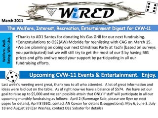 March 2011
                                           WiRED
                    •Thanks to AD1 Santos for donating his Gas Grill for our next fundraising.
Being. Wish List.
 Welfare. Well-




                    •Congratulations to OS2(AW) Mcbride for reenlisting with CAG on March 15.
                    •We are planning on doing our next Christmas Party at Tachi (based on surveys
                    you participated) but we will still try to get the most of our $ by having BIG
                    prizes and gifts and we need your support by participating in all our
                    fundraising efforts.



Last week's meeting went great, thank you to all who attended. A lot of great information and
ideas were laid out on the table. As of right now we have a balance of $574. We have set our
goal to raise up to $5,000 and we can possible attain that ONLY if staff will participate in all our
upcoming monthly fundraising as follows: April 2 (Rummage Sale, please see flyer on next
pages for details), April 8 (BBQ, contact AN Cowan for details & suggestions), May 6, June 3, July
18 and August 28 (Car Washes, contact OS2 Sabater for details)
 