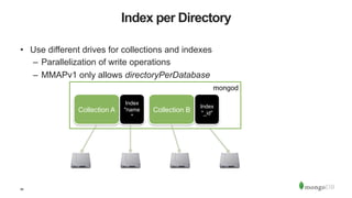 56
Index per Directory
•  Use different drives for collections and indexes
–  Parallelization of write operations
–  MMAPv1 only allows directoryPerDatabase
mongod
Collection A
Index
"name
"
Collection B
Index
"_id"
 