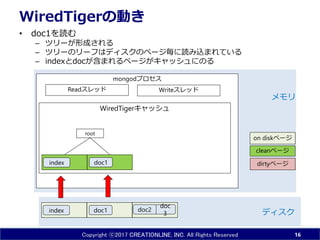 Copyright ⓒ2017 CREATIONLINE, INC. All Rights Reserved
mongodプロセス
WiredTigerキャッシュ
WiredTigerの動き
• doc1を読む
– ツリーが形成される
– ツリーのリーフはディスクのページ毎に読み込まれている
– indexとdocが含まれるページがキャッシュにのる
16
doc1
doc
3index ディスク
メモリ
doc2
Readスレッド Writeスレッド
doc1index
root
dirtyページ
cleanページ
on diskページ
 