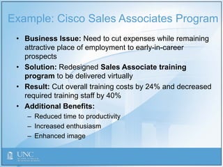 Example: Cisco Sales Associates Program
• Business Issue: Need to cut expenses while remaining
attractive place of employment to early-in-career
prospects
• Solution: Redesigned Sales Associate training
program to be delivered virtually
• Result: Cut overall training costs by 24% and decreased
required training staff by 40%
• Additional Benefits:
– Reduced time to productivity
– Increased enthusiasm
– Enhanced image
 