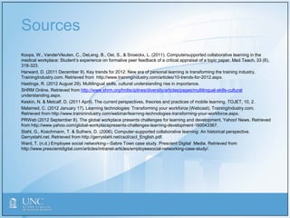 Sources
Koops, W., VanderVleuten, C., DeLeng, B., Oei, S., & Snoeckx, L. (2011). Computersupported collaborative learning in the
medical workplace: Student’s experience on formative peer feedback of a critical appraisal of a topic paper. Med Teach, 33 (6),
318-323.
Harward, D. (2011 December 9). Key trends for 2012: New era of personal learning is transforming the training industry.
TrainingIndustry.com. Retrieved from http://www.trainingindustry.com/articles/10-trends-for-2012.aspx.
Hastings, R. (2012 August 29). Multilingual skills, cultural understanding rise in importance.
SHRM Online. Retrieved from http://www.shrm.org/hrdisciplines/diversity/articles/pages/multilingual-skills-cultural
understanding.aspx.
Keskin, N. & Metcalf, D. (2011 April). The current perspectives, theories and practices of mobile learning. TOJET, 10, 2.
Malamed, C. (2012 January 17). Learning technologies: Transforming your workforce (Webcast). TrainingIndustry.com.
Retrieved from http://www.traininindustry.com/webinar/learning-technologies-transforming-your-workforce.aspx.
PRWeb (2012 September 8). The global workplace presents challenges for learning and development. Yahoo! News. Retrieved
from http://www.yahoo.com/global-workplacepresents-challenges-learning-development-160043367.
Stahl, G., Koschmann, T. & Suthers, D. (2006). Computer-supported collaborative learning: An historical perspective.
Gerrystahl.net. Retrieved from http://gerrystahl.net/cscl/cscl_English.pdf.
Ward, T. (n.d.) Employee social networking—Sabre Town case study. Prescient Digital Media. Retrieved from
http://www.prescientdigital.com/articles/intranet-articles/employeesocial-networking-case-study/.
 
