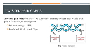 TWISTED-PAIR CABLE
A twisted pair cable consists of two conductor (normally copper), each with its own
plastic insulation, twisted together.
 Frequency range 5 MHz
 Bandwidth 10 Mbps to 1 Gbps
Fig: Twisted-pair cable
 