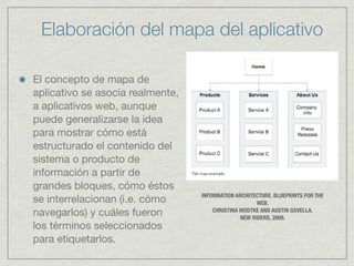 Elaboración del mapa del aplicativo

El concepto de mapa de
aplicativo se asocia realmente,
a aplicativos web, aunque
puede generalizarse la idea
para mostrar cómo está
estructurado el contenido del
sistema o producto de
información a partir de
grandes bloques, cómo éstos
                                  INFORMATION ARCHITECTURE. BLUEPRINTS FOR THE
se interrelacionan (i.e. cómo                         WEB.
navegarlos) y cuáles fueron           CHRISTINA WODTKE AND AUSTIN GOVELLA.
                                                NEW RIDERS, 2009.
los términos seleccionados
para etiquetarlos.
 