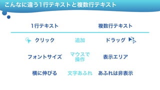 こんなに違う1行テキストと複数行テキスト
クリック
フォントサイズ
横に伸びる あふれは非表示
表示エリア
ドラッグ
1行テキスト 複数行テキスト
追加
マウスで 操作
文字あふれ
 