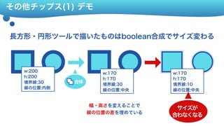 その他チップス(1) デモ
長方形・円形ツールで描いたものはboolean合成でサイズ変わる
w:200 
h:200 
境界線:30 
線の位置:内側
w:170 
h:170 
境界線:30 
線の位置:中央
合体
幅・高さを変えることで 
線の位置の差を埋めている
w:170 
h:170 
境界線:10 
線の位置:中央
サイズが 
合わなくなる
 
