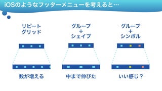 iOSのようなフッターメニューを考えると…
リピート 
グリッド
グループ ＋ シェイプ
グループ ＋ シンボル
数が増える 中まで伸びた いい感じ？
 