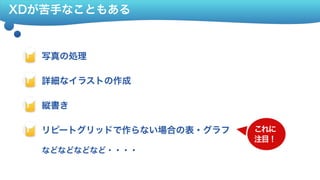 XDが苦手なこともある
写真の処理 Fla
詳細なイラストの作成 Fla
縦書き Fla
リピートグリッドで作らない場合の表・グラフ Flaこれに 
注目！
などなどなどなど・・・・
 