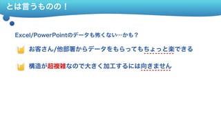 とは言うものの！
Excel/PowerPointのデータも怖くない…かも？
お客さん/他部署からデータをもらってもちょっと楽できる Fla
構造が超複雑なので大きく加工するには向きません Fla
 